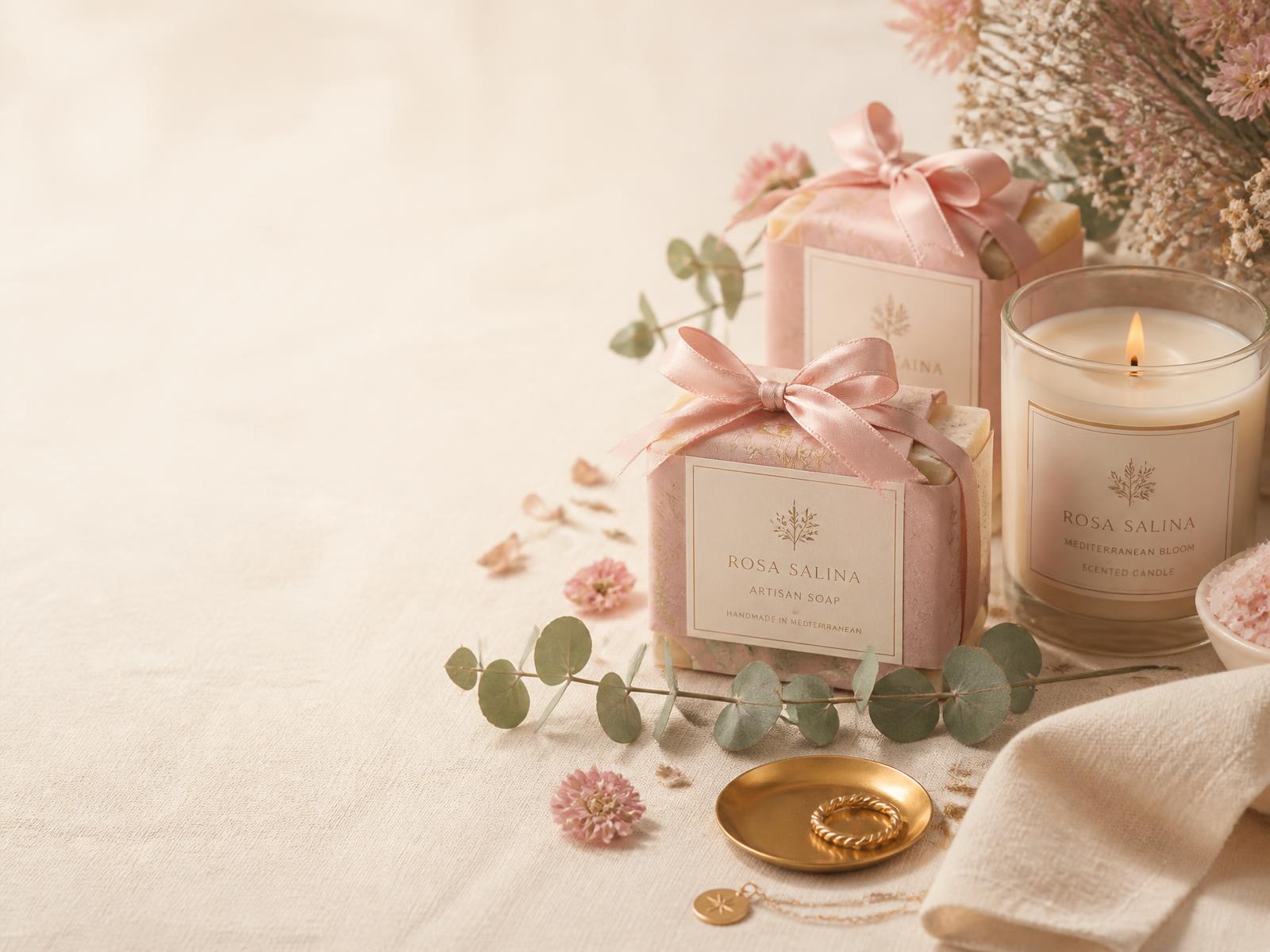Jabones artesanales con lazo rosa, vela de cristal y flores secas sobre lino marfil